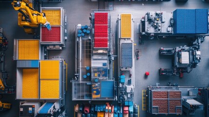 Wall Mural - an overhead view showing an industrial plastics plant with robotic arms assisting the molding machin
