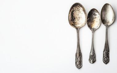 Stylish vintage spoons arranged on a clean white background for culinary decorations and elegant table settings