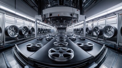 Canvas Print - A panoramic shot showcasing the production process of alloy wheels, with conveyor belts and automated machines in the top section and rows of stylish