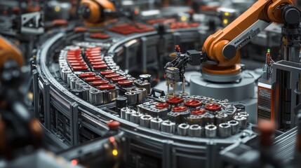 Wall Mural - A panoramic view of a car battery factory, with assembly line machinery and robotic arms in the top section working on battery components