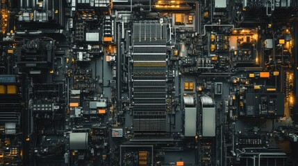 Wall Mural - overhead panoramic view of a car battery production floor, where machinery in the top section assemb