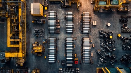 Canvas Print - Overhead panoramic view of a stainless steel production line, where machinery in the top section handles the cutting and welding of steel