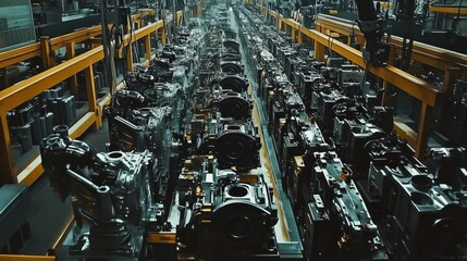 Wall Mural - panoramic shot of a bustling engine production line, where automated machines in the top section are