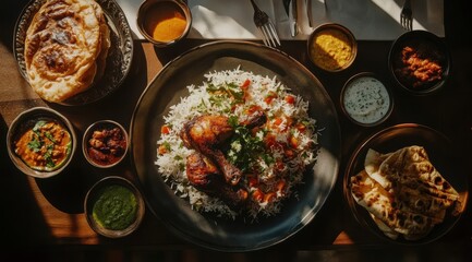 Wall Mural - A top-down view of an Indian-style meal spread out on the table, featuring traditional dishes like biryani and fried chicken.