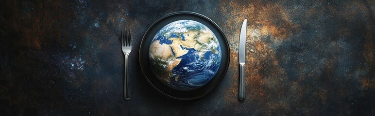 Wall Mural - a plate with a fork and knife on it with planet earth in the middle. the plate is black and the plan