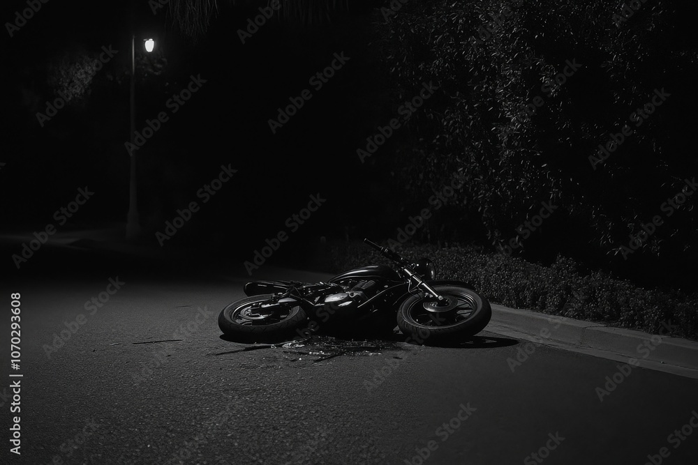 A motorcycle is lying on its side in the middle of a deserted street at night, with shadows cast by nearby trees and a streetlamp illuminating the scene subtly.