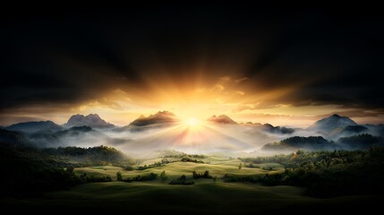 Wall Mural - a stunning sunrise breaking through a pitch-black night sky over a vast landscape, with bright rays 