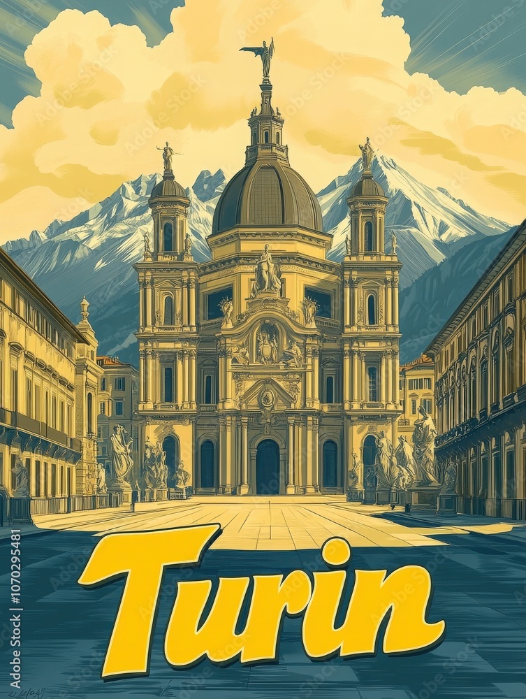 This retro travel poster highlights the architectural beauty of Turin, showcasing its grand buildings against a backdrop of picturesque mountains and a vibrant sky.