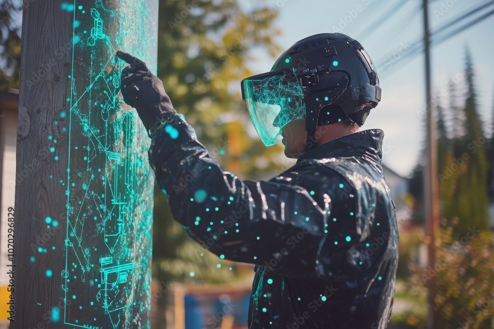 A technician uses augmented reality glasses to interact with digital overlays on a utility pole, surrounded by trees in the background. The scene captures innovative technology in action.