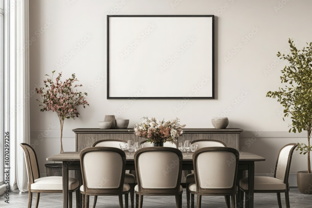 An empty black rectangular frame is mounted on a light-colored wall above a stylish dining table.