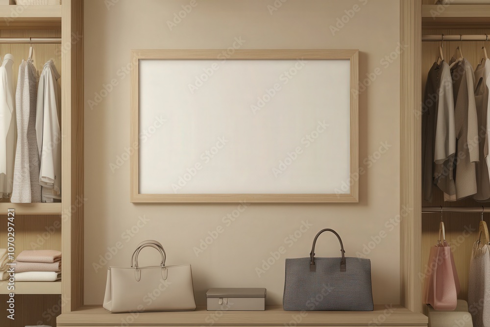 An empty rectangular oak frame is displayed on a beige wall within a stylish wardrobe setting. The frame awaits decoration, surrounded by neatly organized clothing and fashionable handbags.