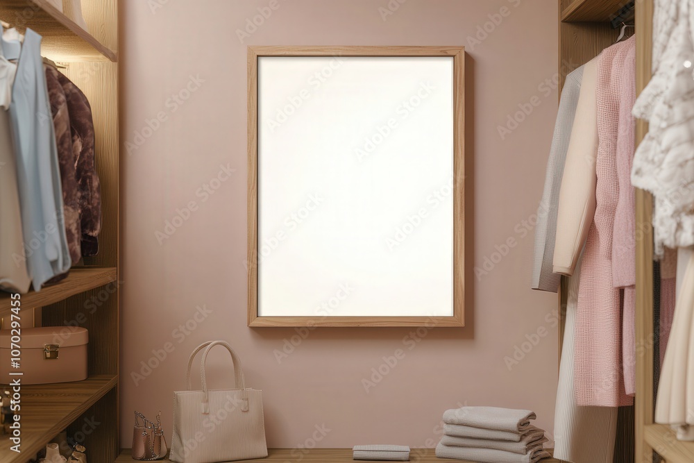 An empty rectangular oak frame is showcased on a wall within a well-organized closet, surrounded by elegant clothing and accessories. The setting emphasizes modern design and simplicity.