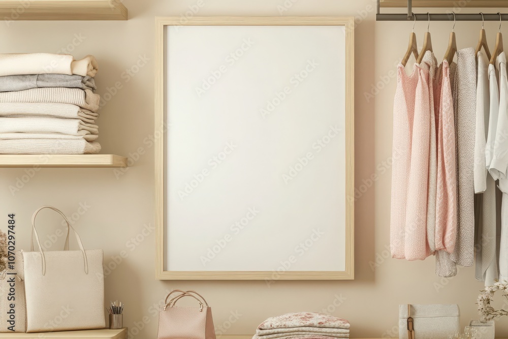 An empty rectangular oak frame is displayed on a wall in a stylish closet. Nearby, neatly folded clothes and accessories enhance the organized and inviting atmosphere of the space.