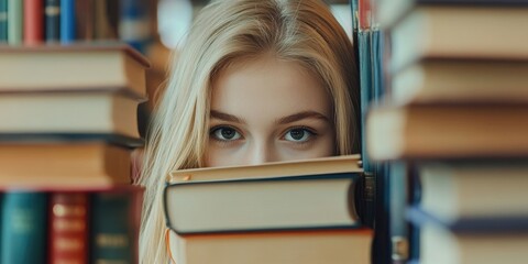 Poster - Education, school, and knowledge concept - a young woman or teenage student girl is concealed behind notebooks against a backdrop of bookshelves in a library.