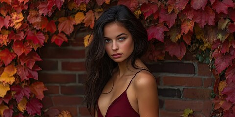 Poster - A stunning model poses in an autumn park, surrounded by a circular red brick wall in front of an ivy-covered fence adorned with vibrant leaves.