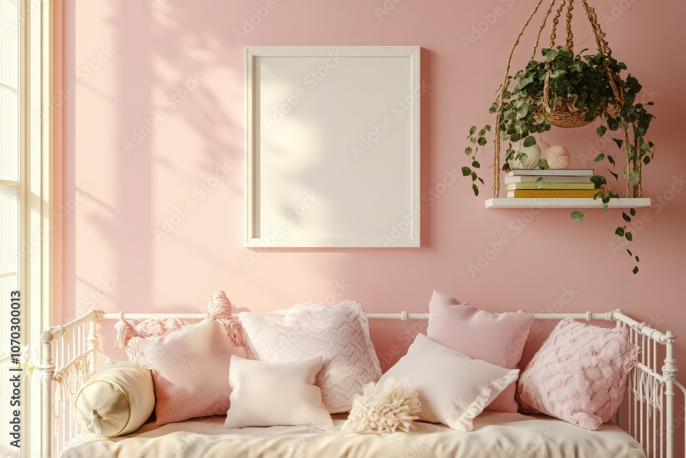 A minimalist nursery corner features an empty white frame on a soft pink wall, surrounded by plush cushions and a hanging plant shelf, creating a serene and inviting atmosphere for relaxation.
