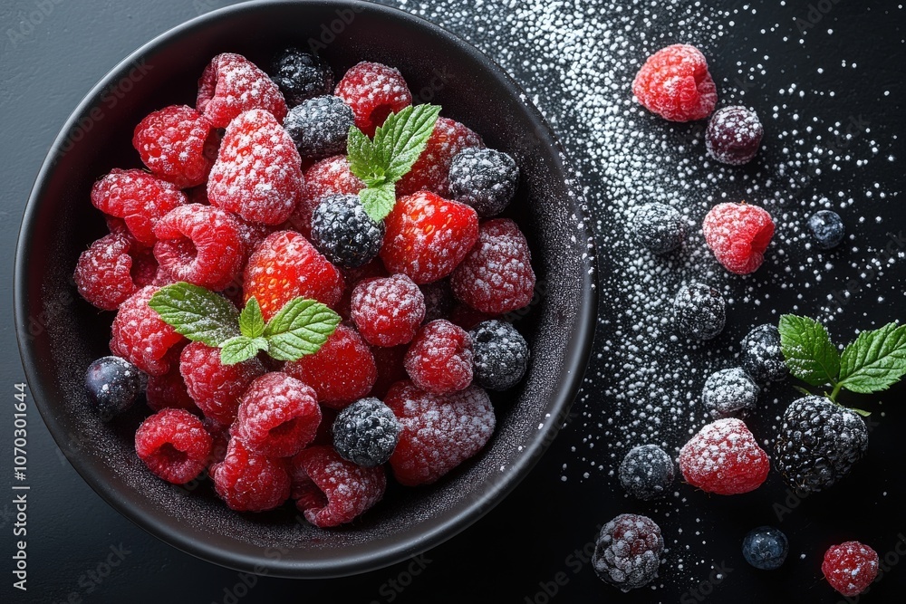 A bowl brimming with ripe strawberries, raspberries, and blackberries is beautifully arranged. Powdered sugar adds a sweet touch, enhancing the vibrant colors of the berries.