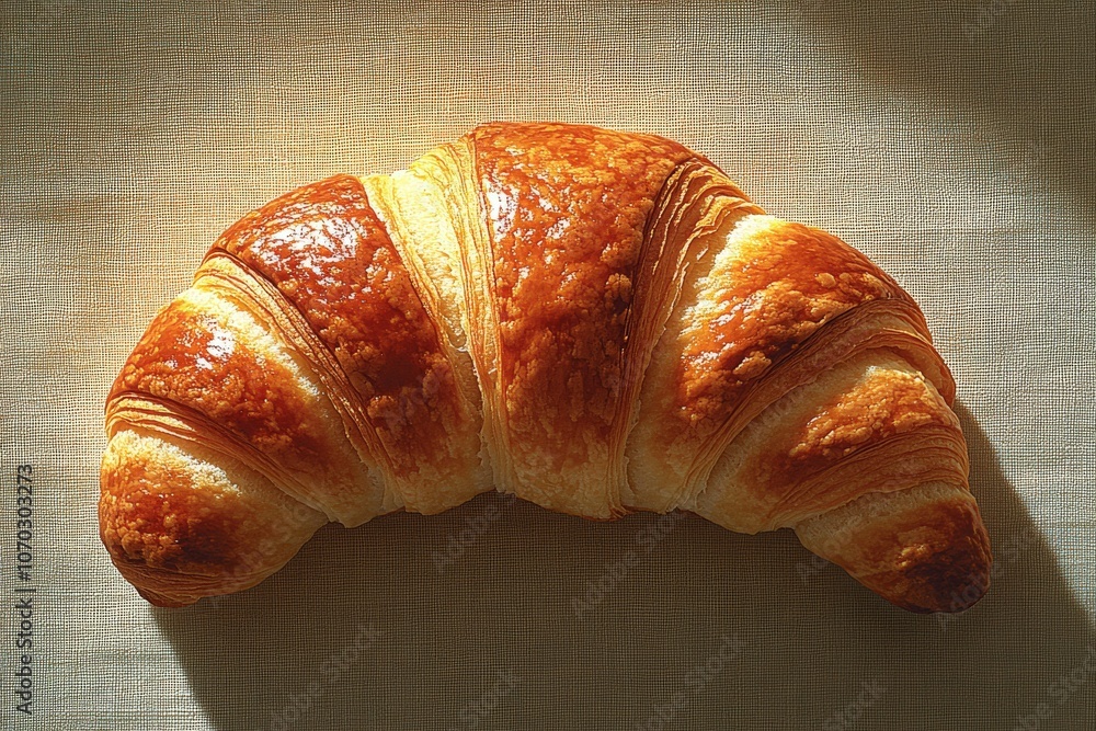 A warmly baked croissant rests on a linen tablecloth, revealing its flaky, golden layers. The soft texture and enticing aroma suggest it was freshly made for a delightful breakfast.