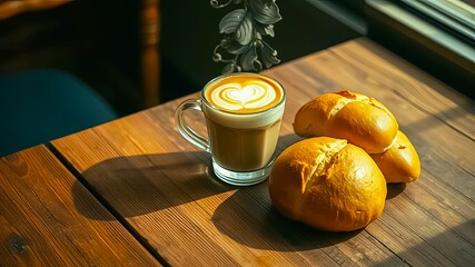 Sticker - Warm Latte and Freshly Baked Rolls on a Wooden Table with Sunlight Streaming Through the Window