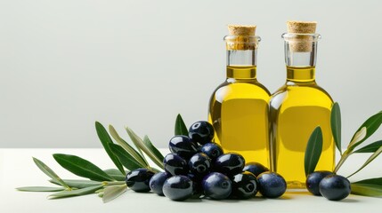 Wall Mural - Olive oil bottles alongside fresh olives and green leaves, showcasing the natural beauty and essence of Mediterranean harvest