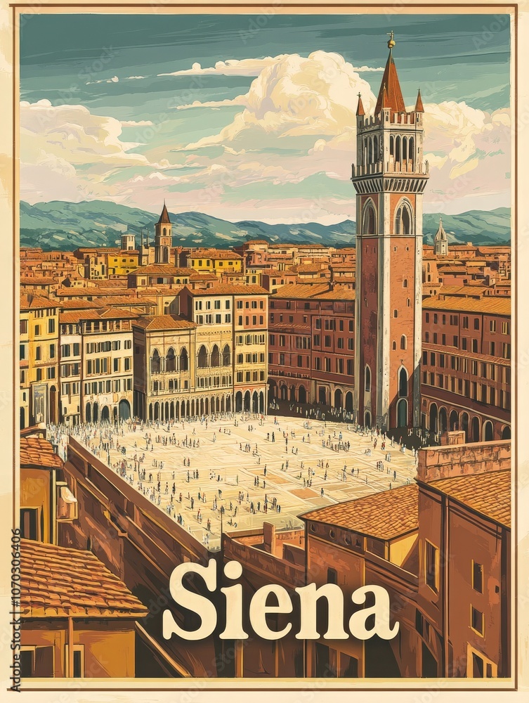 This artwork highlights the breathtaking architecture of Sienas Piazza del Campo, bustling with visitors exploring the historic square, complemented by distant hills and a clear sky.