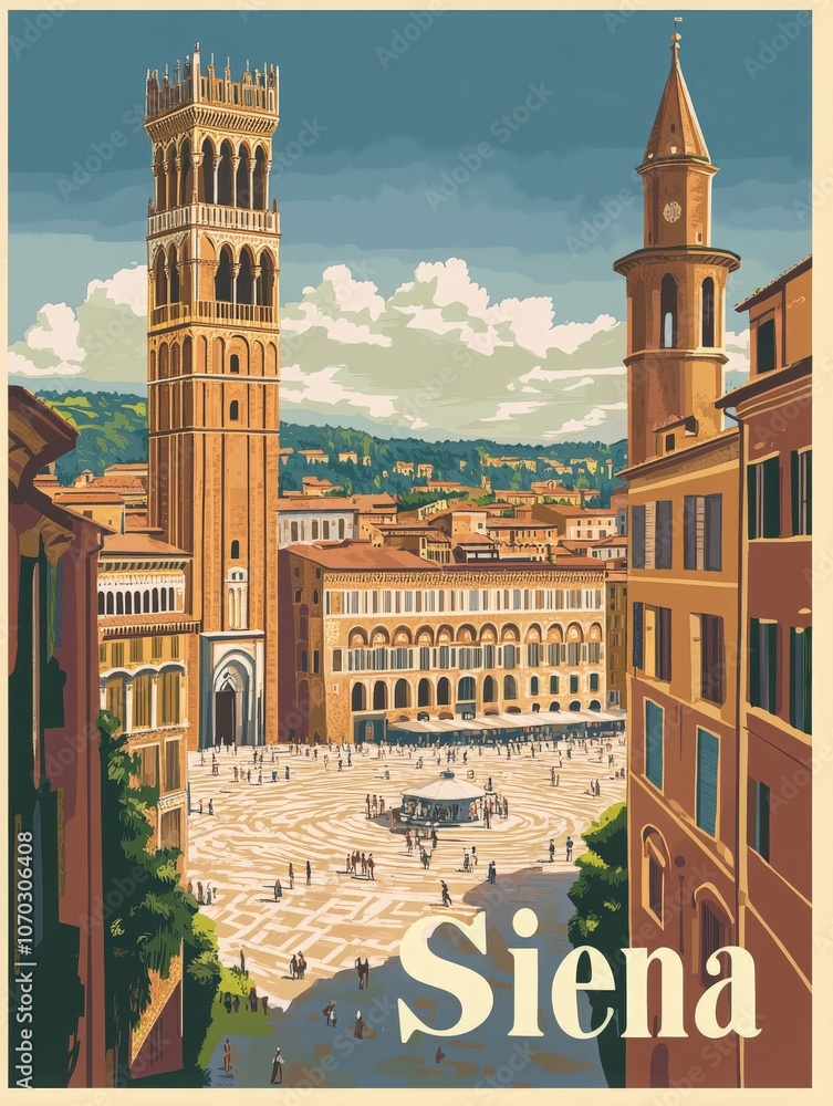 Explore the beauty of Siena, showcasing its famous Piazza del Campo surrounded by majestic buildings. The vibrant atmosphere captures the essence of this historic Italian city.