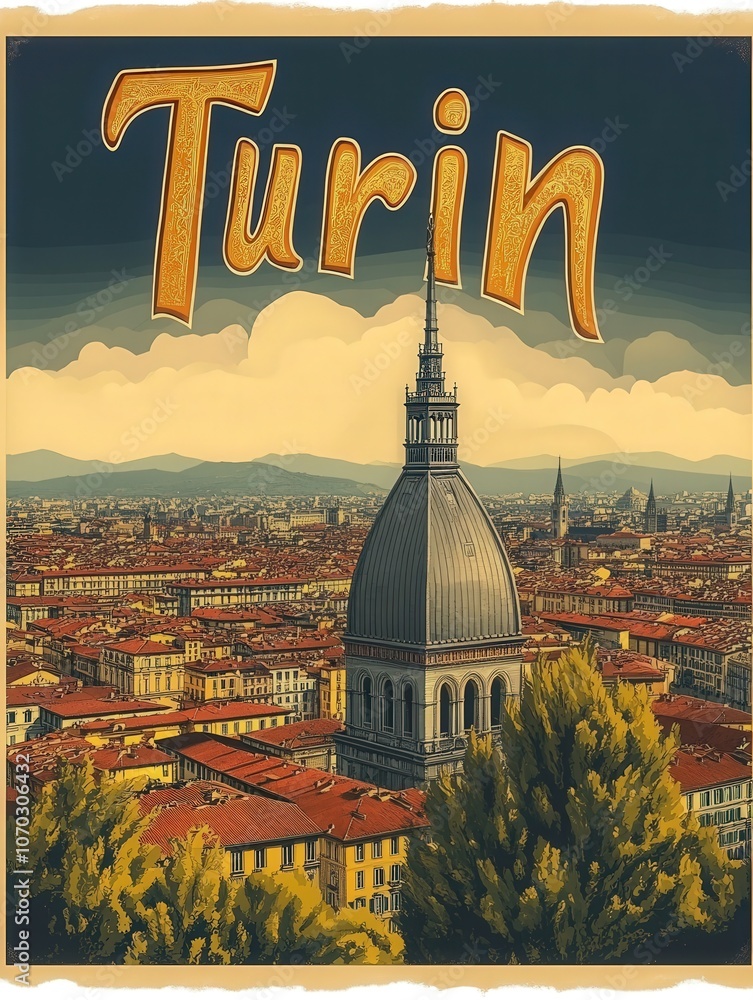 This vintage travel poster highlights Turins stunning skyline, featuring the striking dome and picturesque rooftops.