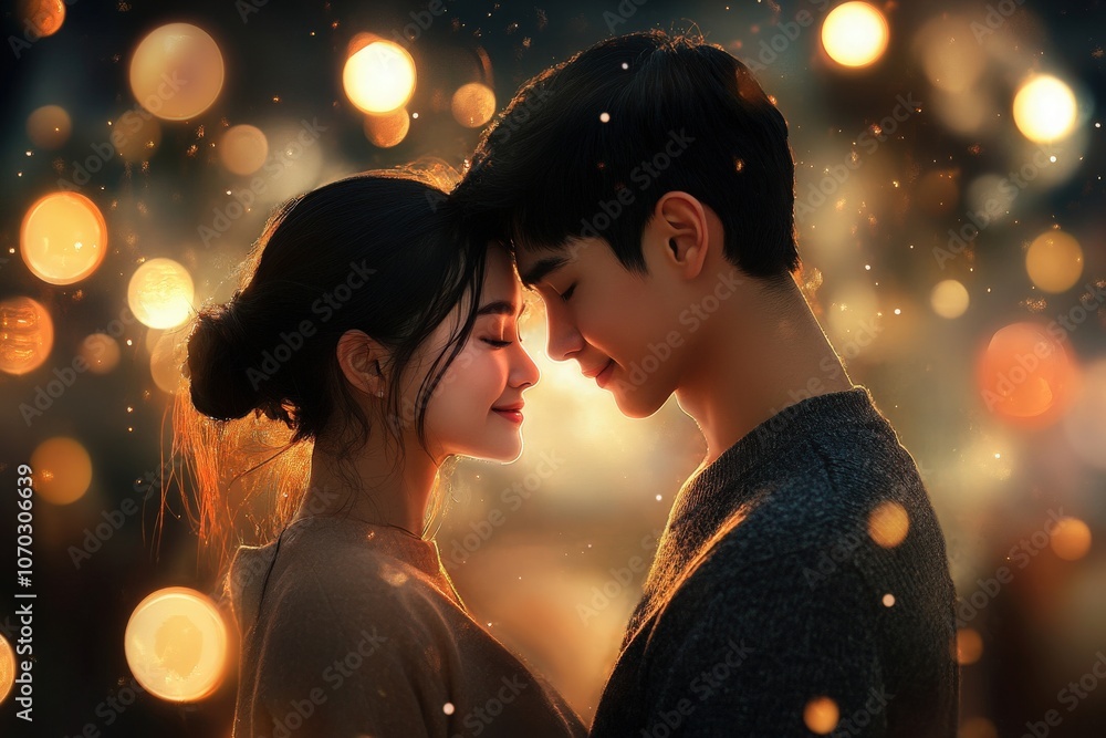 A couple stands close, their foreheads touching as they share a tender moment surrounded by twinkling lights.