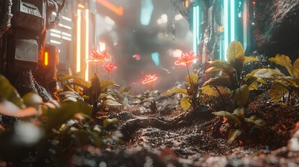 Aufkleber - Explore a stunning futuristic forest scene filled with neon plants and advanced technology elements