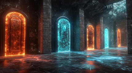 Aufkleber - Explore the mystical depths of a high-definition room featuring vibrant doors of orange and blue illumination