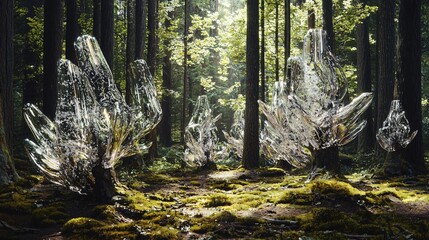 Aufkleber - Explore a surreal futuristic forest where towering trees embrace crystal-like structures in nature's enchantment