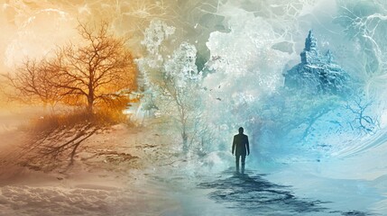 Aufkleber - A figure mysteriously moves through ethereal layers of colorful seasons blending nature's beauty and enchantment