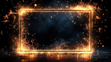 Wall Mural - bright and dazzling light sparks create a glowing rectangular frame against a dark background, highl