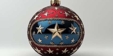 Decorative Christmas ornament featuring red, blue, and gold design with stars and intricate details, perfect for holiday celebrations and seasonal decor