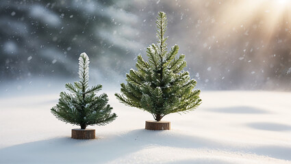 Snow-covered trees against a sunny winter landscape backdrop.