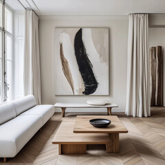 Wall Mural - a modern, minimalist living room with a white sofa, a wooden coffee table, an abstract painting, and lots of natural light.