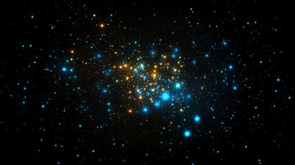 A photorealistic dark night sky full of stars with bright yellow and blue lights, a star cluster in the center, and a black background. 