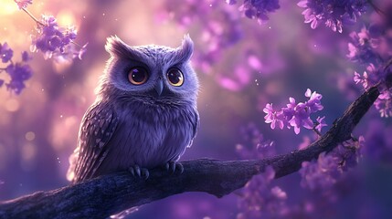A cute owl with big eyes sits on a branch in a purple blossom tree.