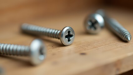 Screws and bolts for furniture repair. Two metal screws lie on a wooden surface, one standing upright, showcasing their design and functionality in close-up detail.