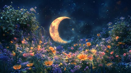 Wall Mural - a crescent moon shines over a field of wildflowers in a magical, dreamy night sky.