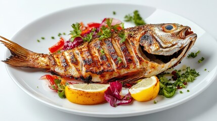 A beautifully presented plate of grilled fish is elegantly displayed on a bright white surface, showcasing its crispy skin and vibrant garnishes