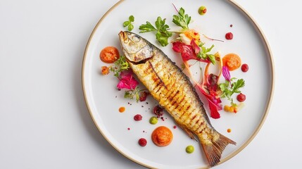 A beautifully presented plate of grilled fish is elegantly displayed on a bright white surface, showcasing its crispy skin and vibrant garnishes