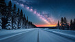 © janzwolinski - Starry night sky over snowy road with forest on either side.