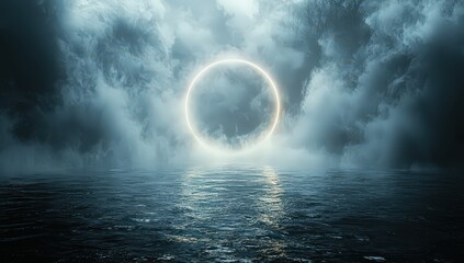 Poster - An abstract, illuminated white ring floating in the center of a dark, foggy background. Smoke and mist cover the black water surface