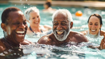 a group of happy laughing elderly people swimming and splashing in an outdoor pool enjoying their re