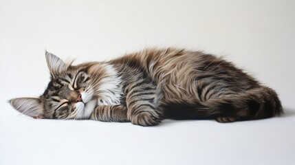 A fluffy tabby cat is comfortably sprawled on a pristine white background, its soft fur glistening in the light.