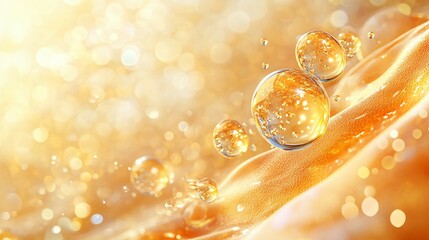 Wall Mural - skin cell structure with water molecule and gold oil drops background