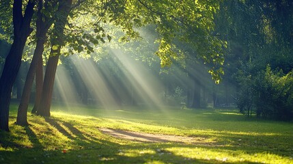 Wall Mural - sunrays piercing through trees in tranquil forest