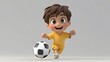 © Helois - A happy cartoon boy with brown hair kicks a soccer ball on a grey background.