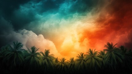 Poster - Vibrant sunset over tropical palm trees with dramatic, colorful clouds, AI